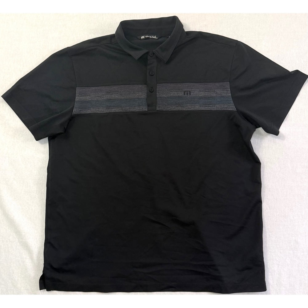 TravisMathew Mens XL Black Performance Golf Polo Shirt Space Dye Stripe Logo